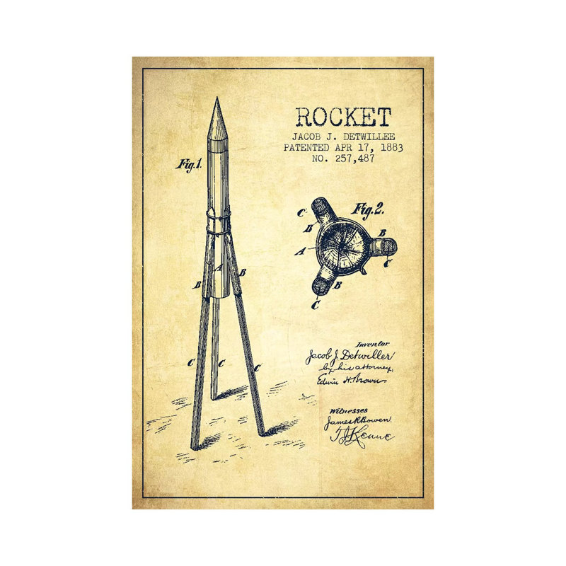 Jacob J. Detwillee Rocket Patent Sketch (Vintage) by Aged Pixel - Wrapped Canvas Gallery-Wrapped Canvas Giclée
