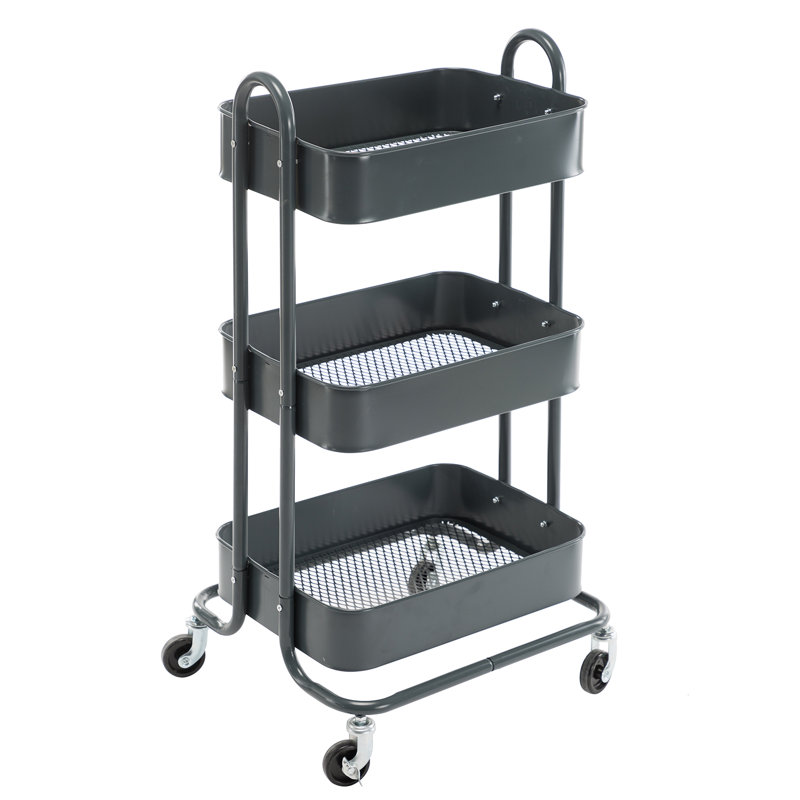 Gray 3-Tier Metal Rolling Utility Cart with Handle