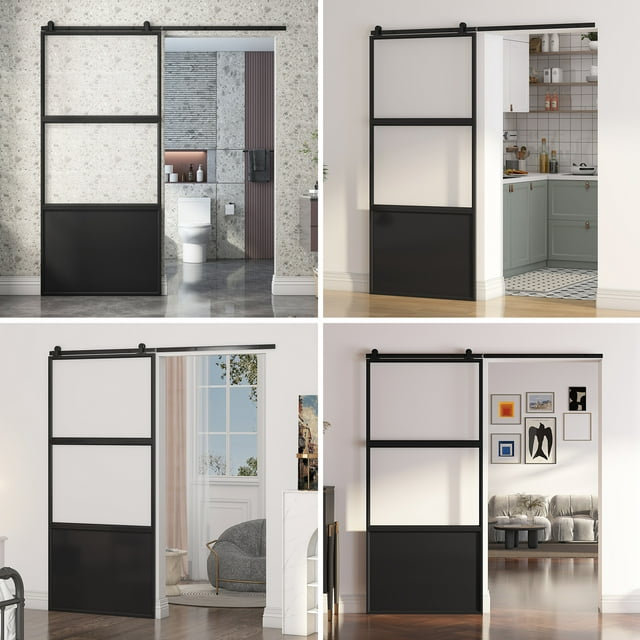 Black Aluminum and Frosted Glass Sliding Barn Door with Hardware Kit