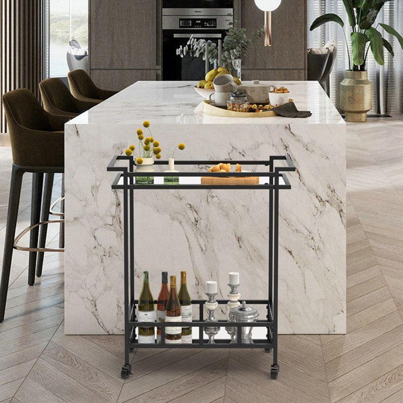 Chariot-bar en métal avec tablettes en miroir