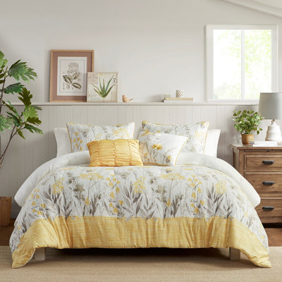 Édredon Seersucker jaune double / grand, rembourrage à 100%, coussins décoratifs, double / grand lavable à la machine avec tissu, 2 taies décoratives, brodé