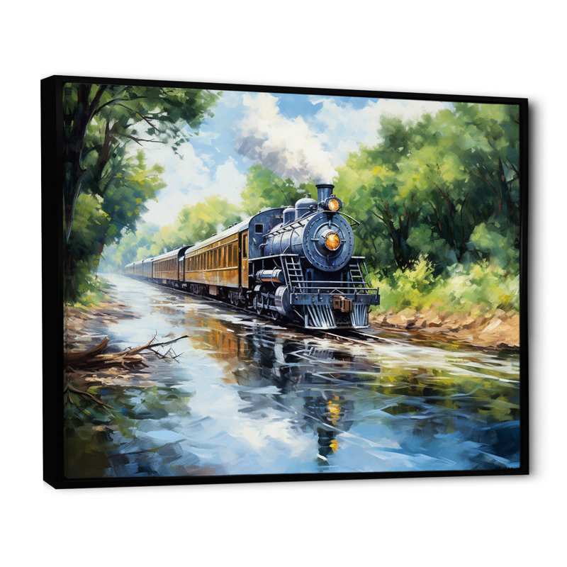 Steamtrain Travelling In The Sunset, peinture - train, art mural, Cadre flottant noir, H 30 po x l 40 po x P 1,5 po