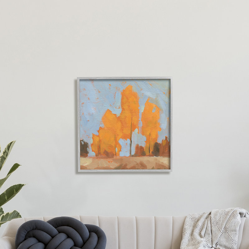 Automne, arbres, feuilles orange brillantes, ciel bleu doux, Estampe numérique Farmhouse, H 17 po x l 17 po
