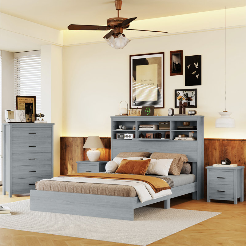 Ensemble de chambre à coucher grand lit 4 pièces en bois rétro | Comprend une base de lit, 2 tables de chevet et 1 commode | Finition en bois vieilli pour un charme intemporel | Fabrication robuste | Idéal pour la chambre principale, la chambre d'amis et les espaces de style rétro