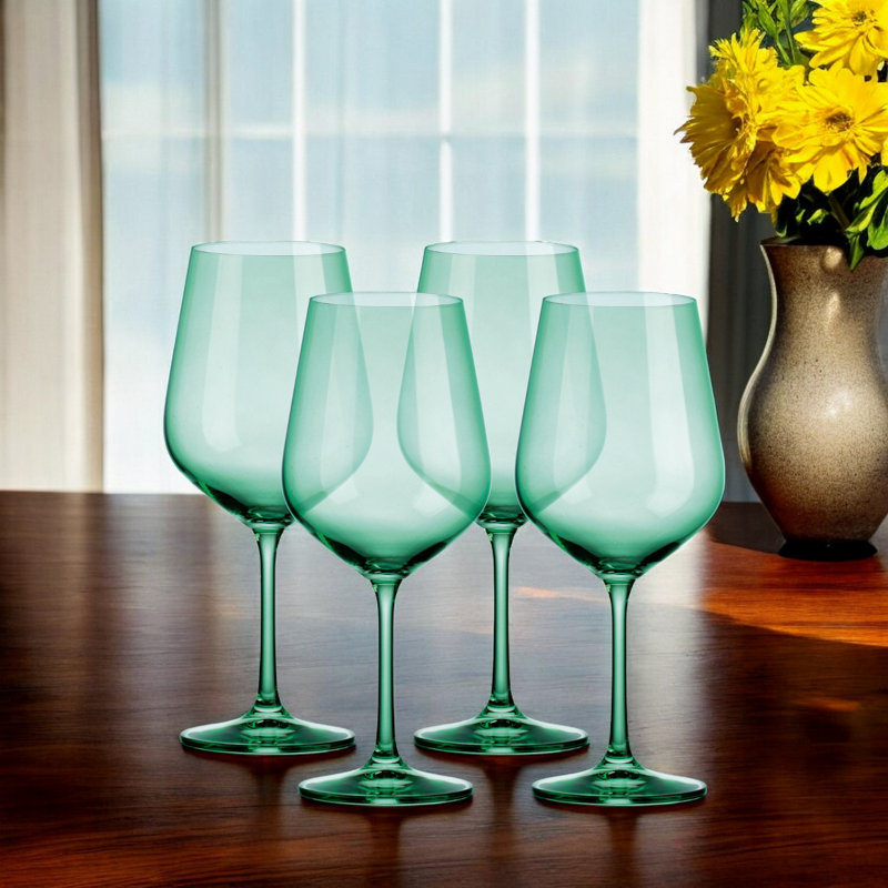 Set of Four Blue Crystal Balloon Bowl Stemmed Red Wine Glass, Green