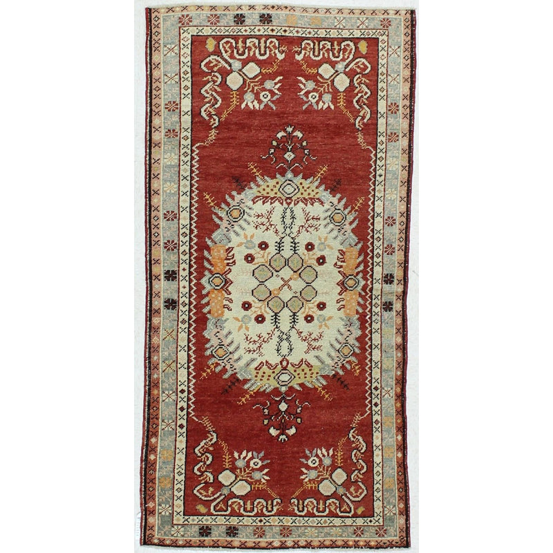 Tapis de couloir rouge / gris en laine noué à la main de conception unique 3 pi 4 po x 6 pi 10 po Ludvina