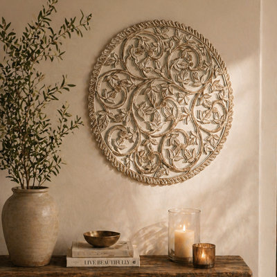 Panneau mural rond en bois fabriqué à la main 36 pouces avec miroir
