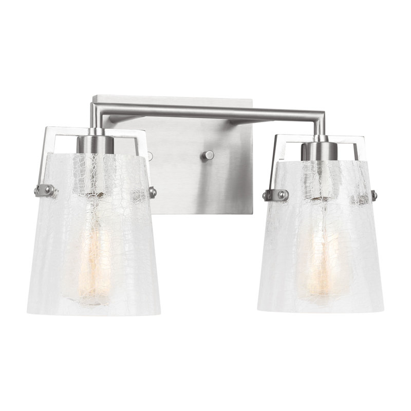 Crofton Bathroom Bedroom Wall Fixture With Clear Crackle Glass Shade, Brushed Nickel, 2 Lights, 9" H x 14.625" W x 7.5" D
