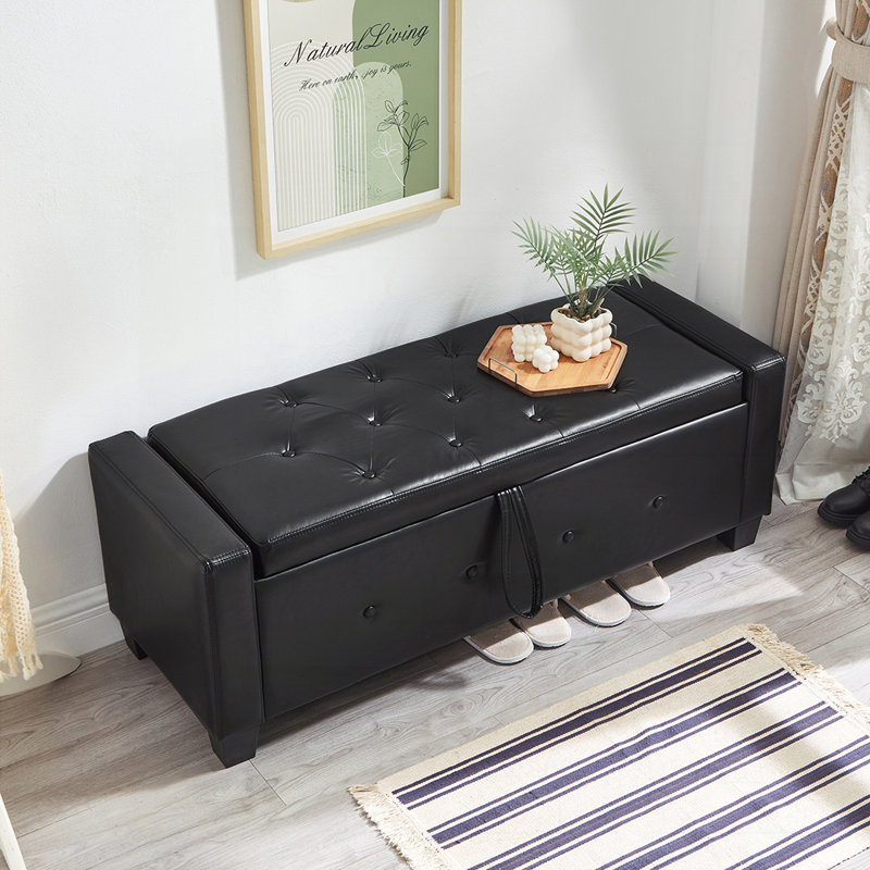 Repose-pieds polyvalent rembourré en polyuréthane avec rangement spacieux, assemblage facile et utilisation multifonctionnelle pour les salons et les chambres à coucher.