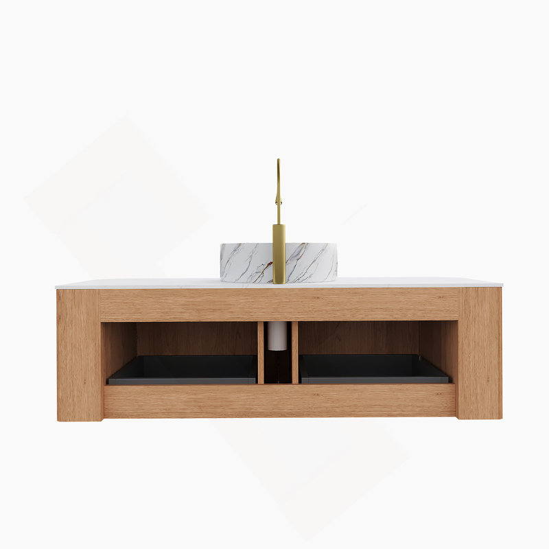 Meuble-lavabo mural 48 po avec bords courbés, 2 tiroirs, lavabo en céramique blanche et finition grain de bois naturel, 48"