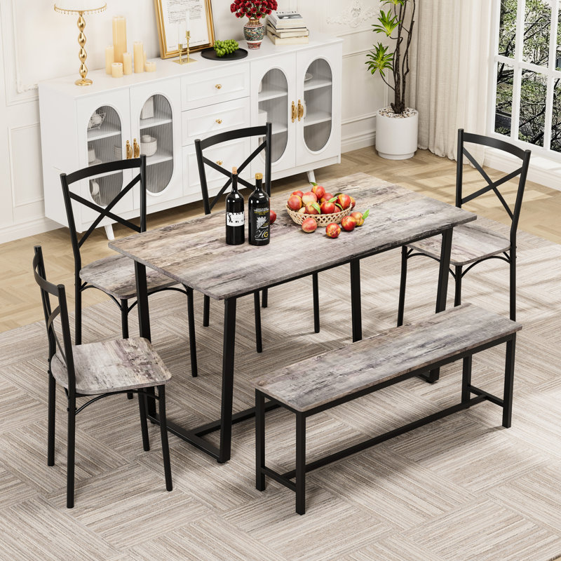 Gris 6 couverts pour les repas de famille et les événements, table de cuisine compacte et efficace en gris, simple à assembler, chaises avec sièges larges