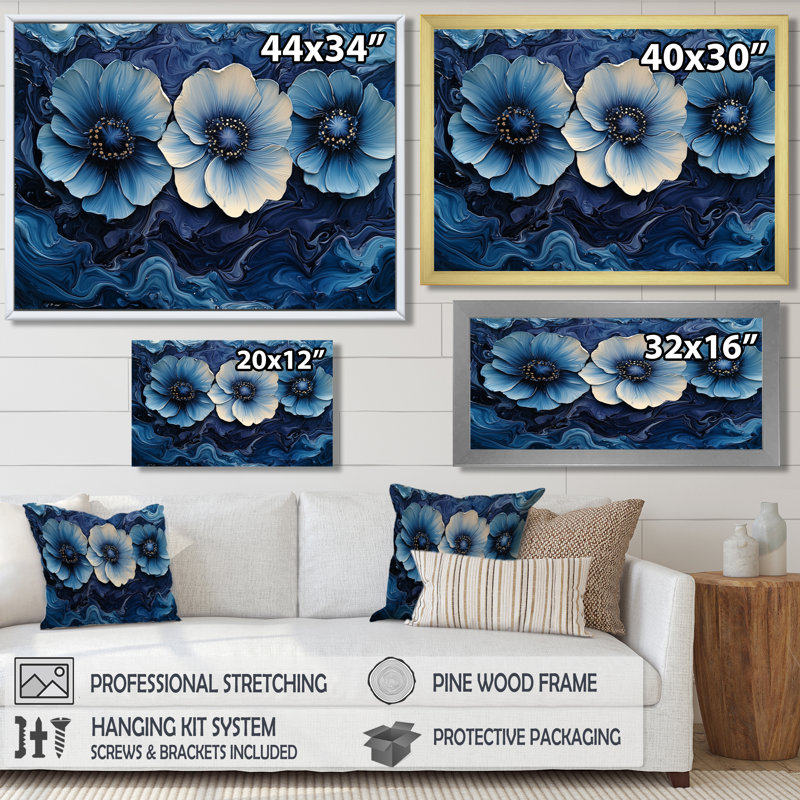 «Aqua Blue Poppies Dreamscape At Night I», art mural coquelicots, Cadre flottant blanc, H 24 po x l 32 po
