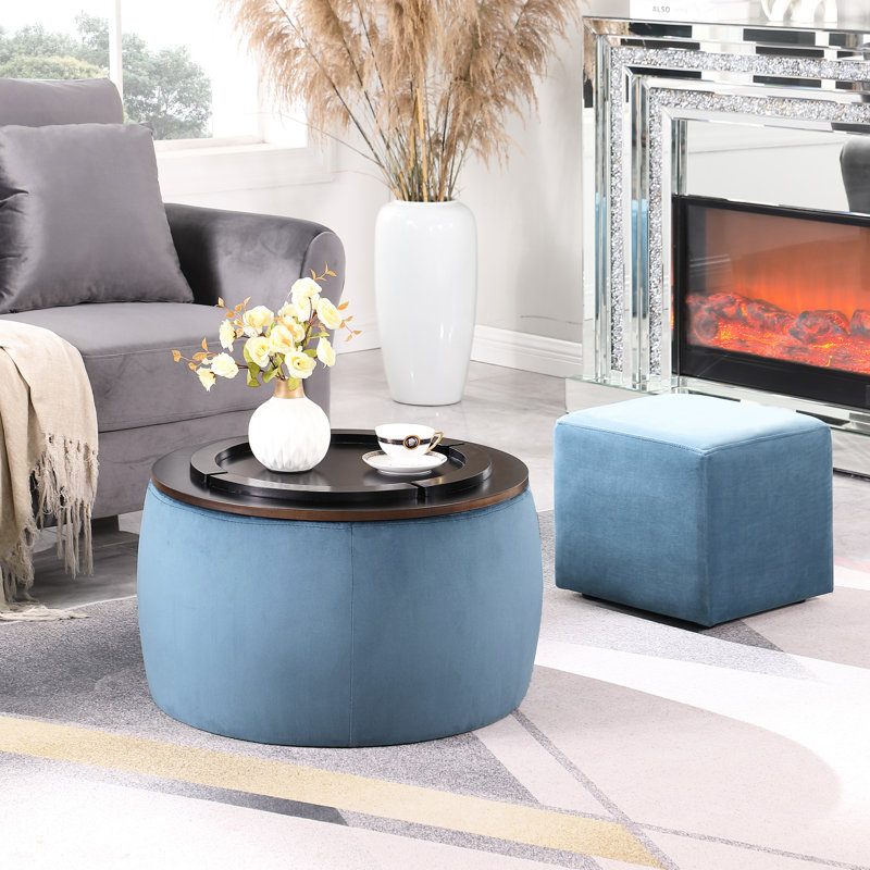 Velours bleu 2 en 1 rond avec rangement, repose-pieds carré et table basse pour la maison, réversible comme surface de jeu, peu encombrant et pré-assemblé