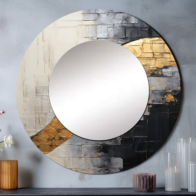 Gray Gold Minimalism Poteries - Abstract Spirals Unique Wall Mirror, Modern Round Mirror, Printed Metal Art, 36" x 36"