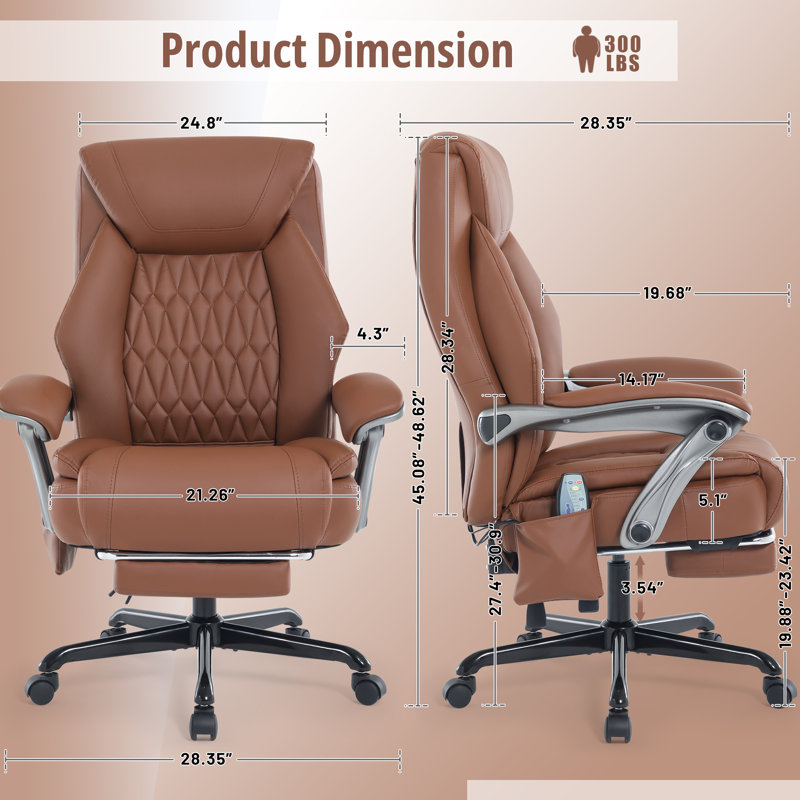Modern Executive Massage Office Chair,Faux Leather Ergonomic Desk Chair With Padded Armrest and Swivel Wheels, Brown
