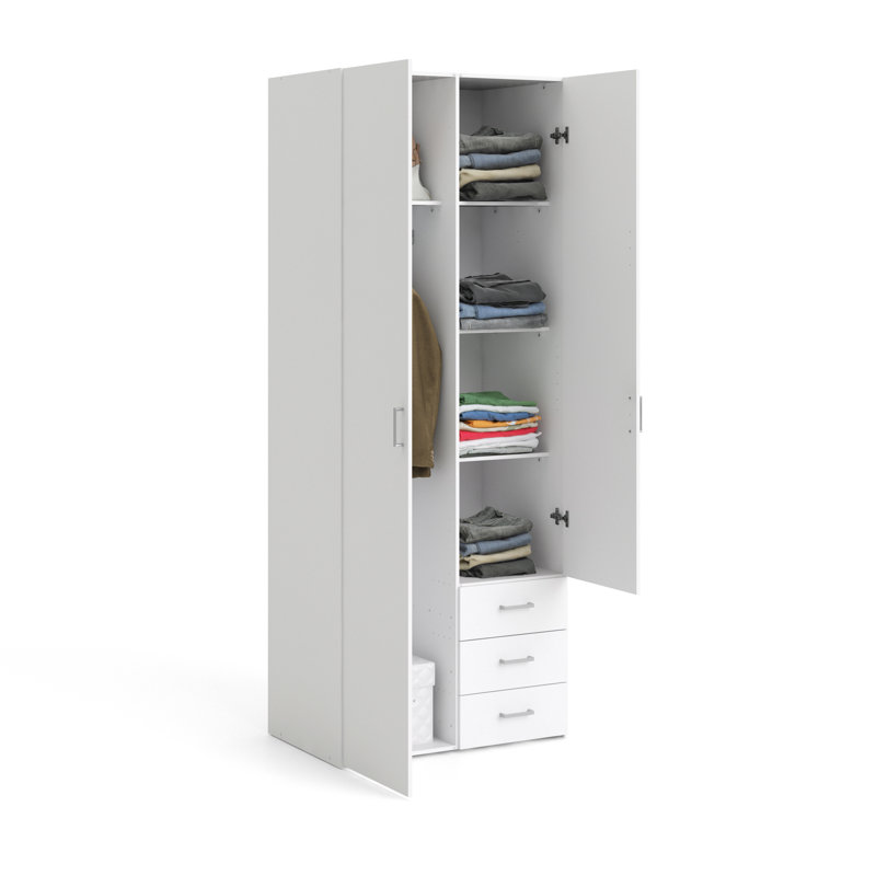 Cassiani Wardrobe With Two Doors And Three Drawers, 200cm H x 77cm W x 49cm D, White