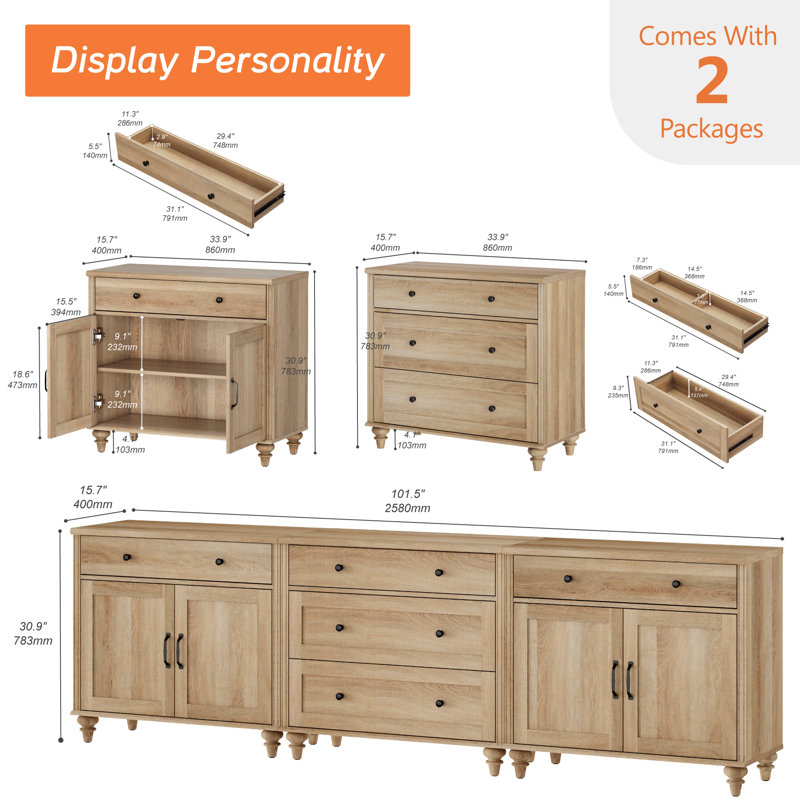 Scarlett TV Stand For 100 Inch TV, 3-In-1 TV Console Table For 75/80/85/90 Inch TV, Entertainment Center With 5 Drawers And 4 Doors, Kitchen Sideboard Buffet Cabinet For Dining Room, Oak