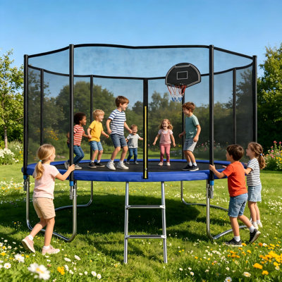 Round 12FT Trampoline for Kids and Adults with Safety Enclosure Net & T-Hook, Outdoor Backyard Trampoline Heavy Duty