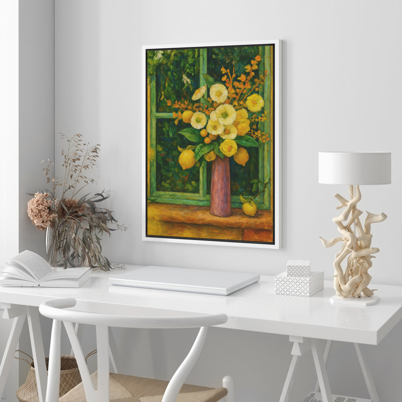 Fleurs jaunes et citrons par toile encadrée de fenêtre - art floral lumineux de nature morte pour la cuisine ou la véranda - joyeux décor méditerranéen
