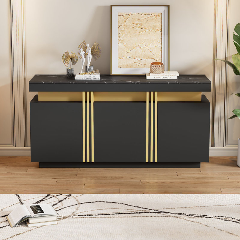 Jaxenor Modern Sideboard with 3 Doors, Black & Gold Storage Cabinet, Adjustable Shelves, Buffet Cupboard for Hallway, Living Room & Dining Room, Easy Assembly