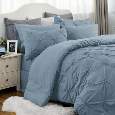 Bedsure Twin/Twin-XL Burgundy Pintuck Bed-in-a-Bag - Mineral Blue Pinch Pleat Comforter Set with Sheets, Pillowcases & Shams for Dorm Room(Set of 5)