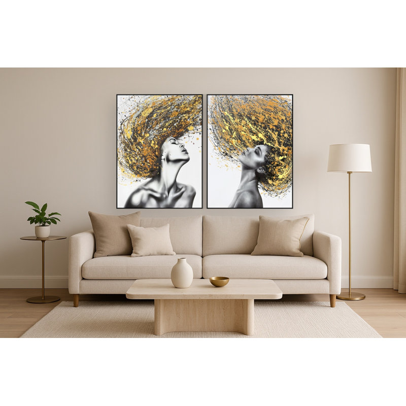 Art mural toile dorée Diptych - 47 "- cadre noir