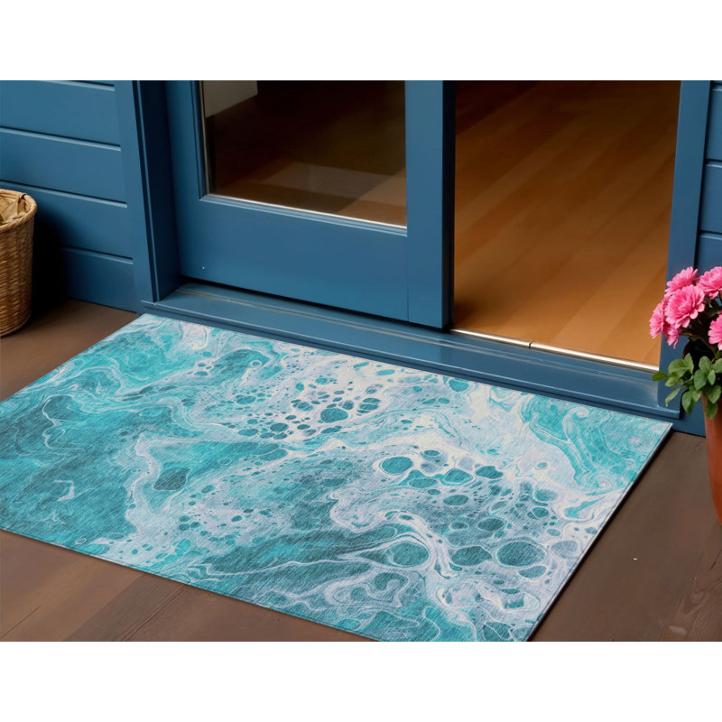 Fagundes 3' X 5' Teal Blue And Ivory Abstract Washable Indoor Outdoor Area Rug