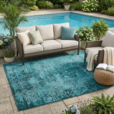 Tapis extérieur lavable antidérapant abstrait bleu sarcelle 5 pi x 8 pi