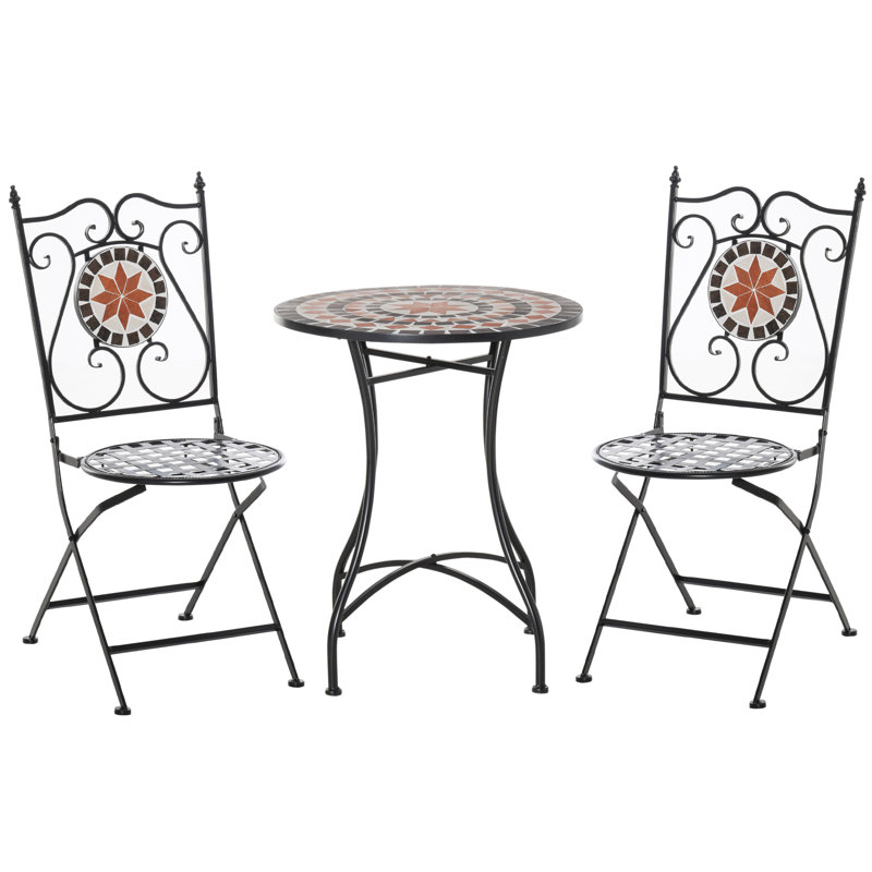 Henriksen 3 Pcs Mosaic Tile Garden Bistro Set, Table, 2 Folding Chairs Black