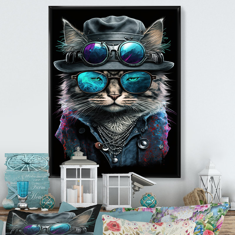 Art mural sur toile Cool Cat avec lunettes de soleil et chapeau III, L 12 po x H 20 po, Cadre flottant noir