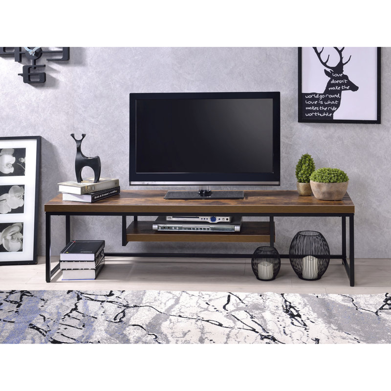 Compact Sized Weathered Oak & Black Metal Tv Stand For 50 50" In And With Build, Black/Oak