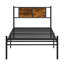 Cadre de lit simple en métal de taille XL, tête de lit avec décoration en bois, noir-1222127999