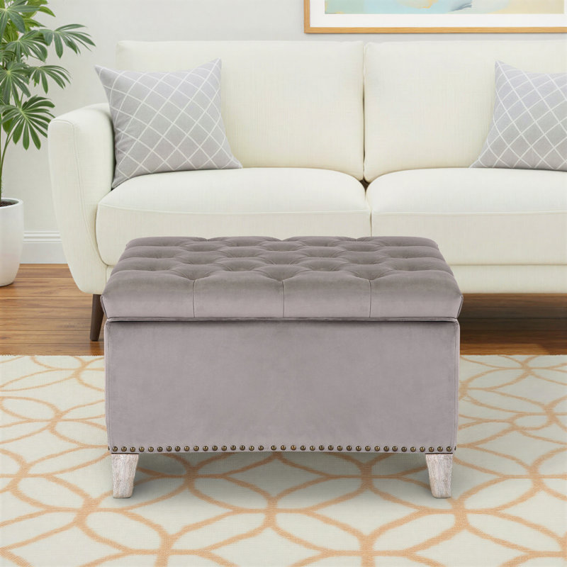 Repose-pieds carré avec rangement en velours de 29,5 po Kirsten, Velours gris