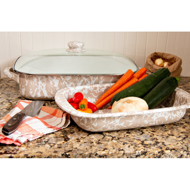 Golden Rabbit Enamelware -Black Swirl Pattern -16 x 12.5 x 4 Inch Roasting Pan Set, Taupe Swirl