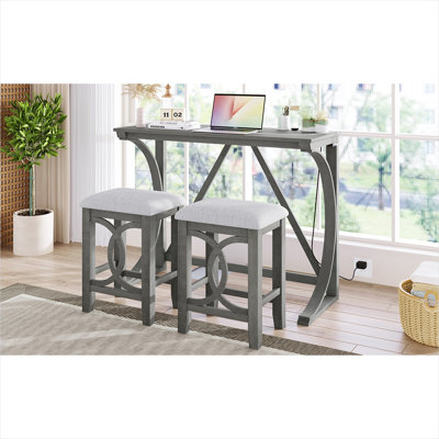 3-Piece Counter Height Dining Set with USB Ports, Solid Wood Table and Upholstered Stools, Soft Gray Finish for Small Spaces