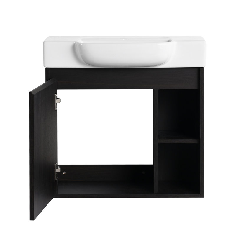 Meuble-lavabo mural avec lavabo en céramique et porte à fermeture en douceur, Chêne foncé, 24"