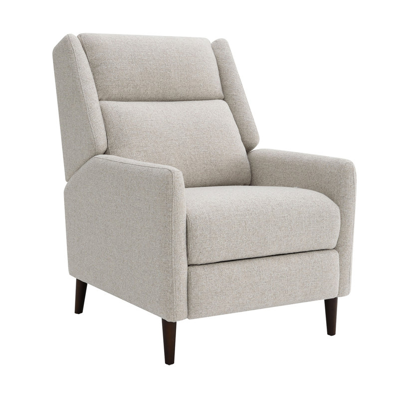Mid-Century Modern Manual Pushback Recliner with High Back, Textured Linen Fabric, and Tapered Wood Legs for Comfortable Living Room Seating.