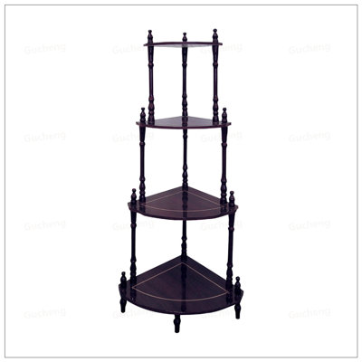 Étagère d'angle à 4 niveaux en bois avec un style traditionnel et une finition cerisier foncé, parfaite pour maximiser le rangement dans les petits espaces.