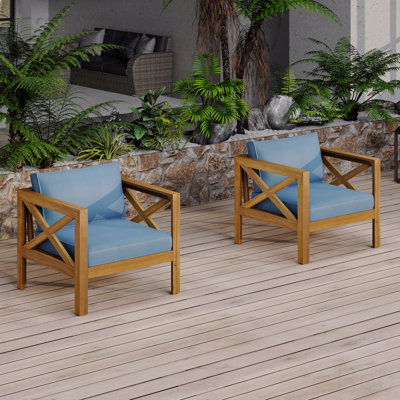 Ensemble de 2 fauteuils club d'extérieur, fauteuil en bois d'acacia avec coussins, ensemble de conversation
