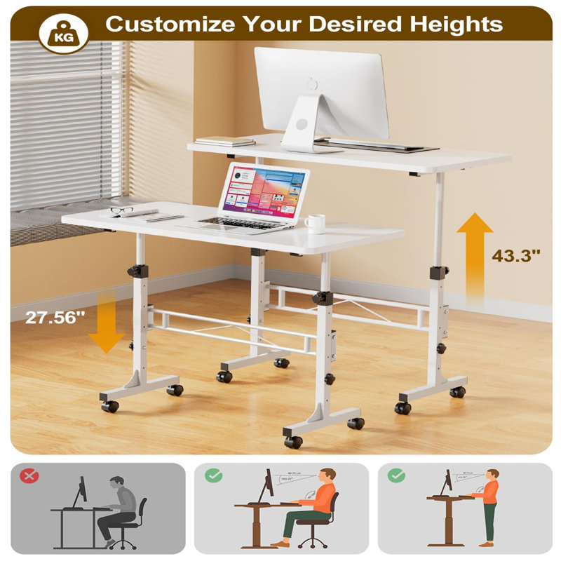 White Adjustable Height Mobile Standing Desk with Wheels