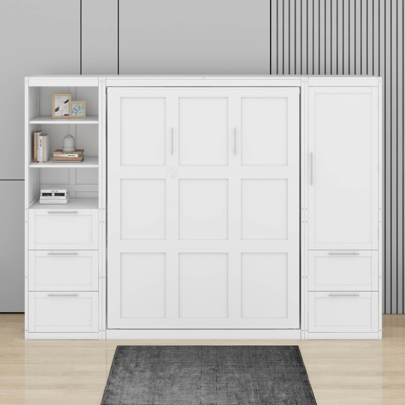 Grand lit escamotable avec tiroirs et tablettes, Blanc
