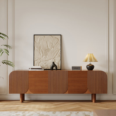 Fully Assembled Mid Century Modern Solid Wood Veneer TV Stand, 70.87" Grille Design Storage Cabinet with Spiral Legs, Retro Living Room Entertainment Centre