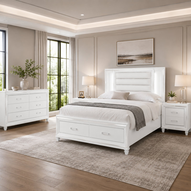 Ensemble de chambre à coucher grand lit, bois blanc, ensemble de 4 pièces avec 2 tables de chevet et commode