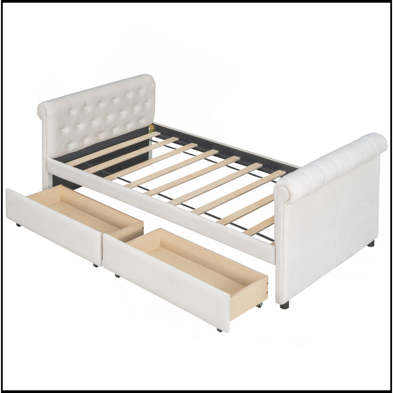 Twin Size Upholstered Daybed With Drawers, Wood Slat Support