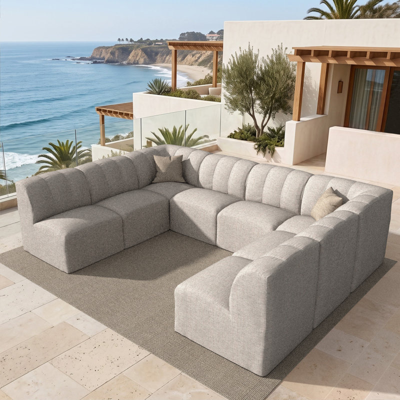 Praia 8-Piece Modular Upholstered U-Shaped Sectional Sofa Set with Sunbrella Cushions, Cast Silver Sunbrella®