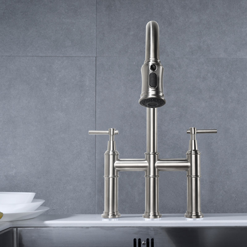 Brushed Nickel Bridge Kitchen Faucet With Pull-Down Spray, Dual Handle For Simple Water Control & Temperature Adjustment, 360 Rotating High Nozzle, Brass, Hardly Noticeable Splash- Aerator Tap Spray