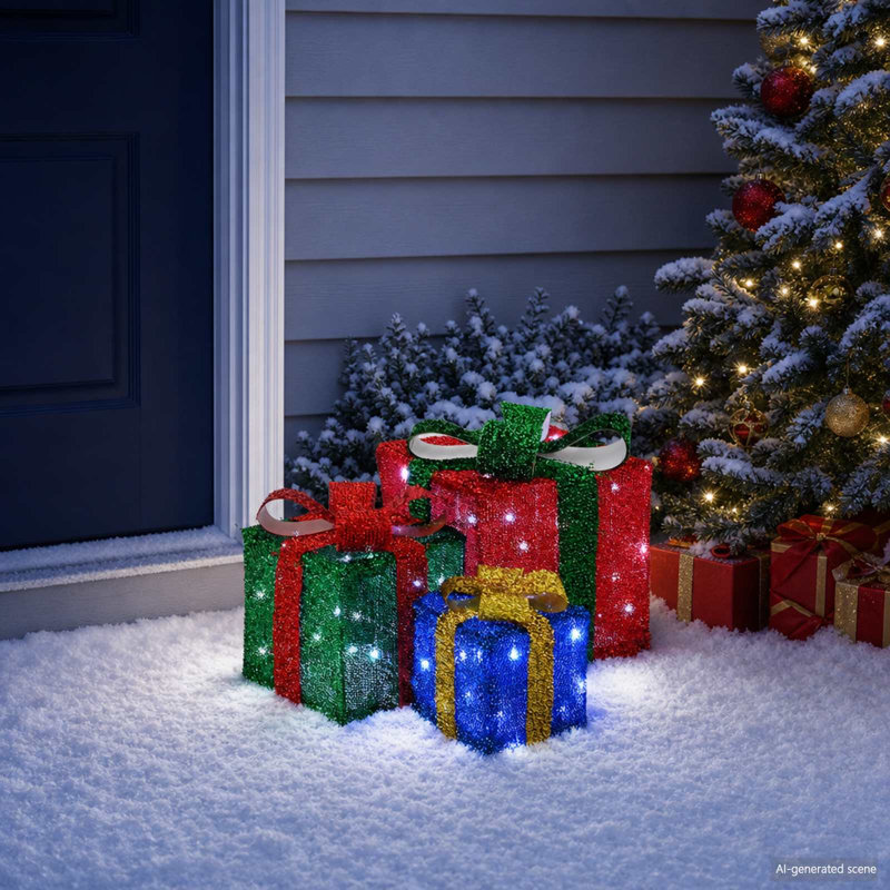 Decorative Christmas Gift Boxes Outdoor Indoor Decoration LED Gift Box, Blue