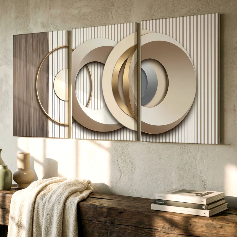 3 pièces d'art mural moderne à cercles géométriques modernes dans des tons neutres, art mural trois pièces pour le salon, la chambre à coucher, le bureau et la décoration intérieure, aspect encadré