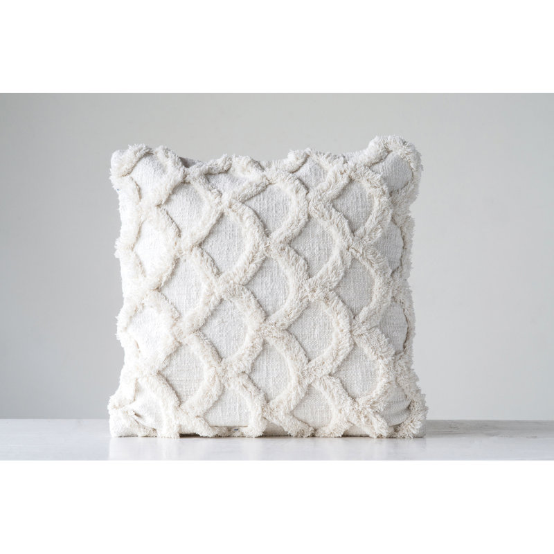 Caitie Cotton Tufted Chenille Pillow with Scallop Pattern, White