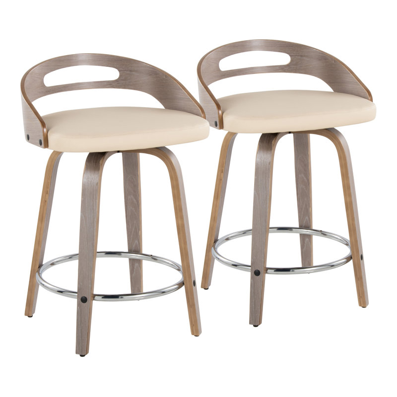 Tabouret de comptoir 24 po à hauteur fixe avec pivot en bois gris clair et similicuir crème avec repose-pieds rond en métal chromé - tabouret de comptoir 2 pièces crème